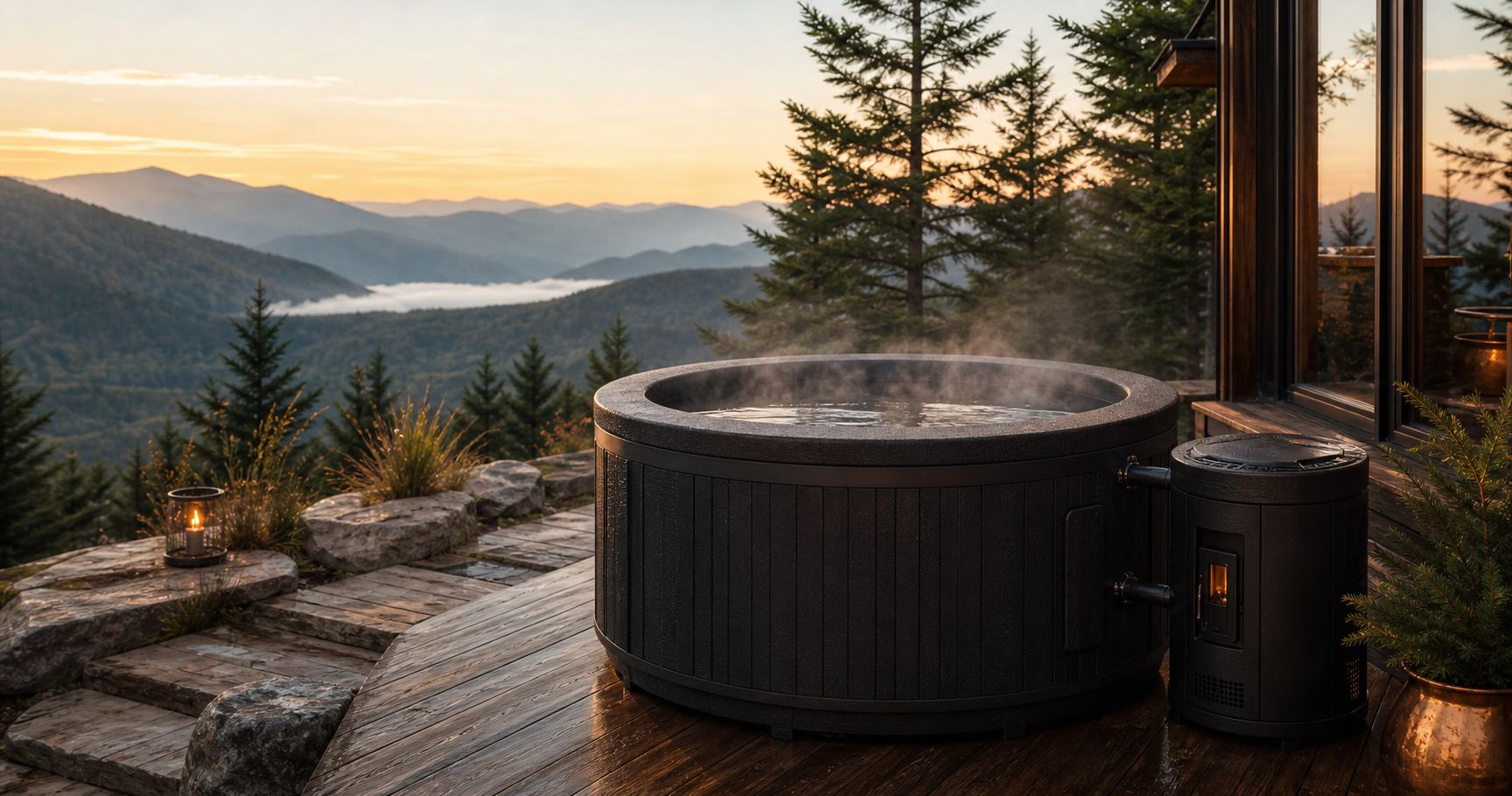 Rowkai outdoor hot tub steaming beside a cabin